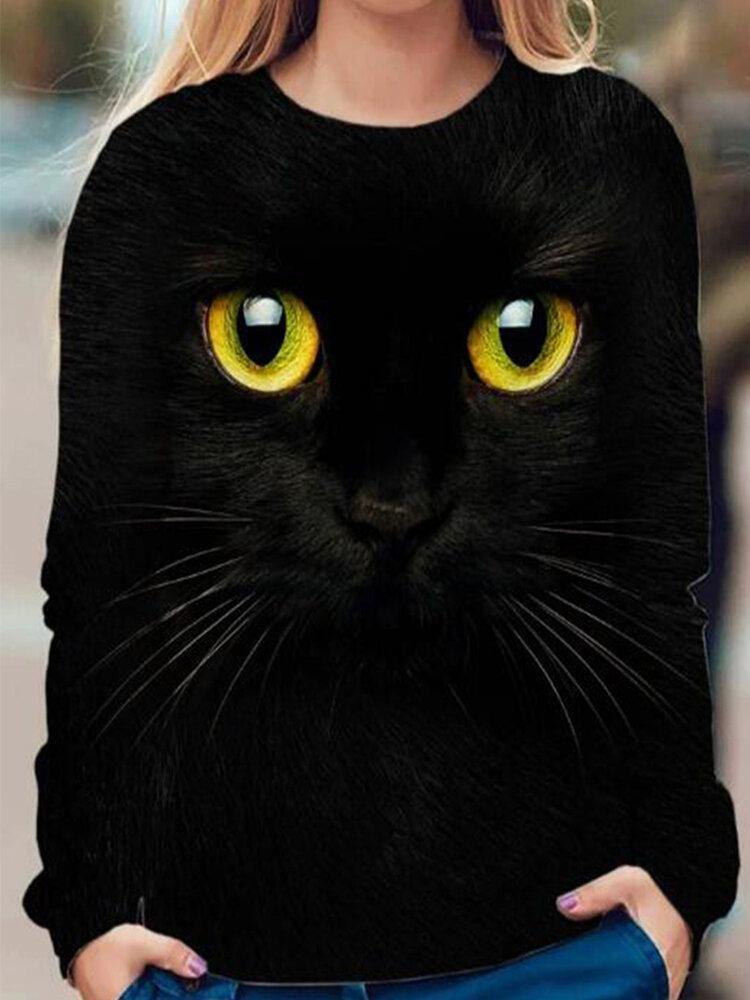 Women Black Cat Print Round Neck Pullover Long Sleeve Sweatshirts - Trendha