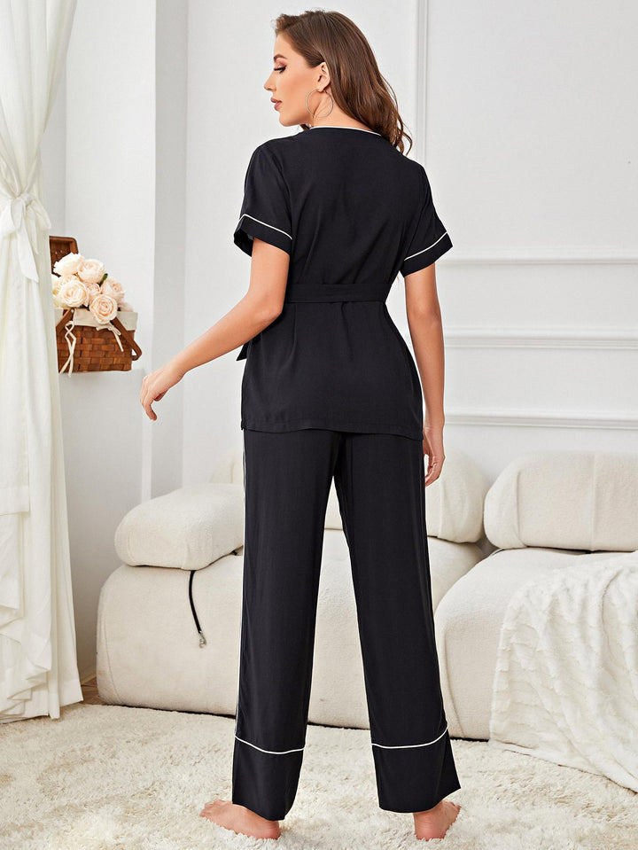 Contrast Piping Belted Top and Pants Pajama Set - Trendha