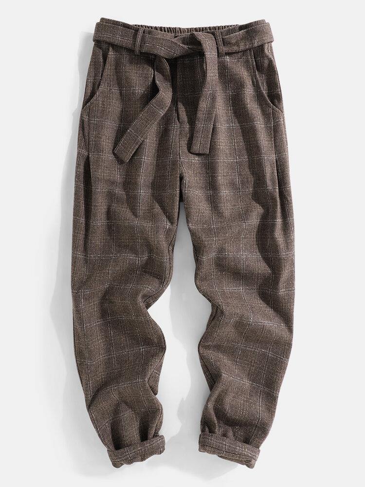 Mens Plaid Vintage Zipper Fly Belted Casual Pants - Trendha