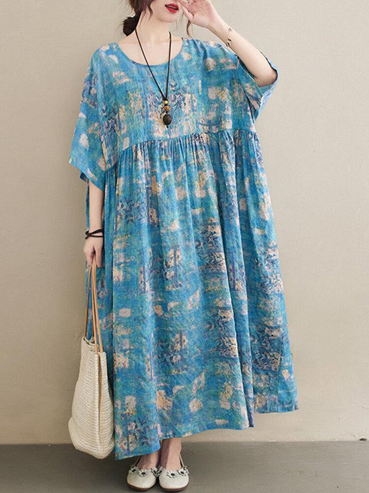 Casual Floral Printed Loose Fit O-Neck Maxi Dress For Women - Trendha