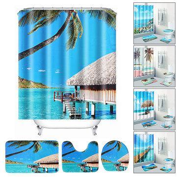 Beach Sea Waterproof Non Slip Bathroom Shower Curtain Toilet Cover Mat Rug Set 5 - Trendha