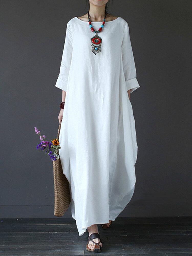Women 100% Cotton Solid Baggy Pockets Summer Maxi Dress - Trendha