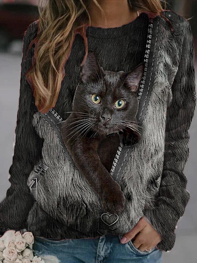 Women Black Cat Print Long Sleeves O-neck Casual Sweatshirt - Trendha