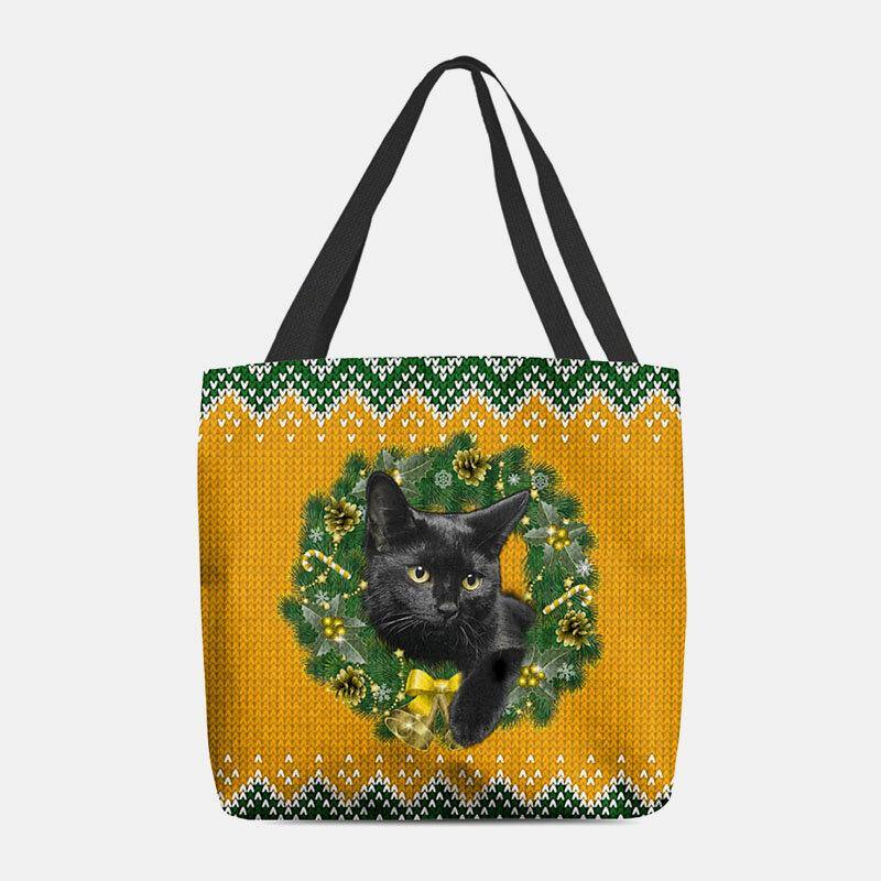 Women Felt Cartoon Festive Classic Color Christmas Wreath Cat Pattern Shoulder Bag Handbag Tote - Trendha