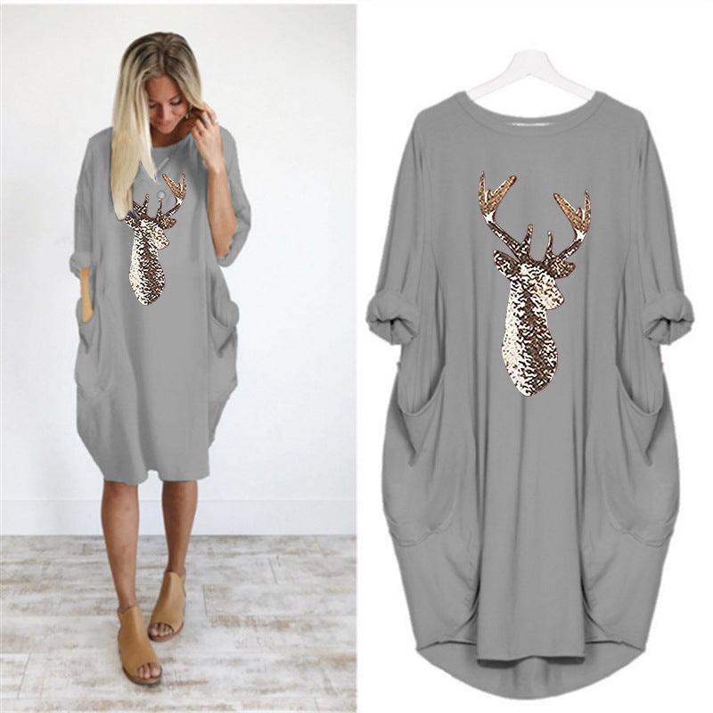 Christmas Pattern Printed Round Neck Autumn And Winter New Style Dress - Trendha