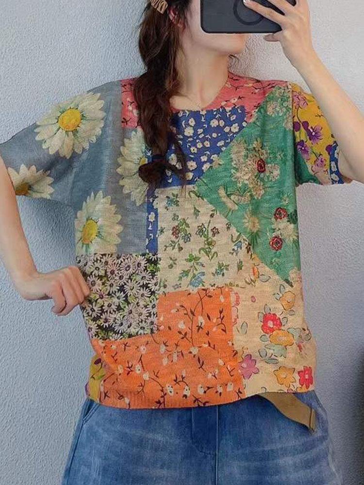Floral Print Color Block Loose Round neck Short Sleeve Knitted T-Shirt - Trendha