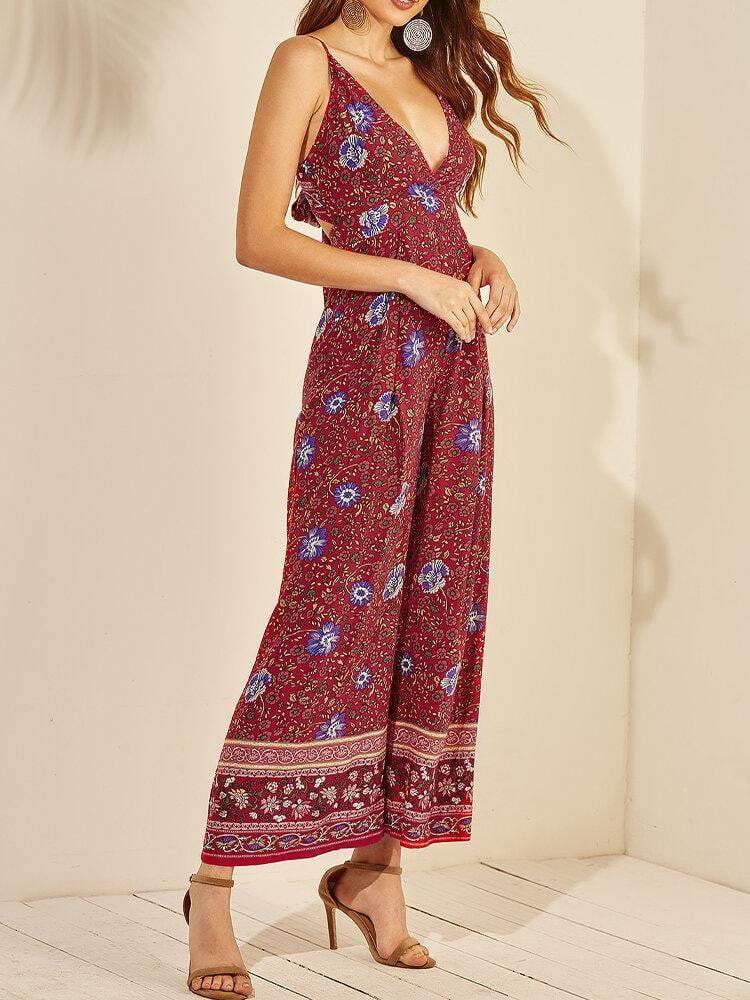 Women Floral Print Ethnic Style Sleeveless V-Neck Wide Leg Jumpsuit - Trendha
