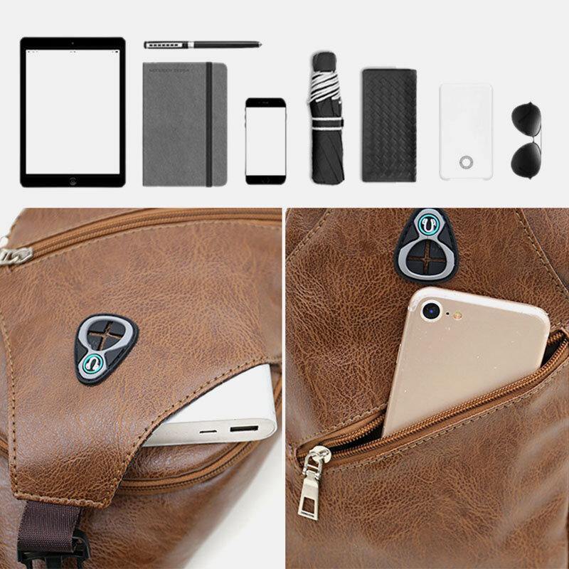 Men Faux Leather USB Charging Earphone Travel Retro Business Chest Bag Crossbody Bag - Trendha