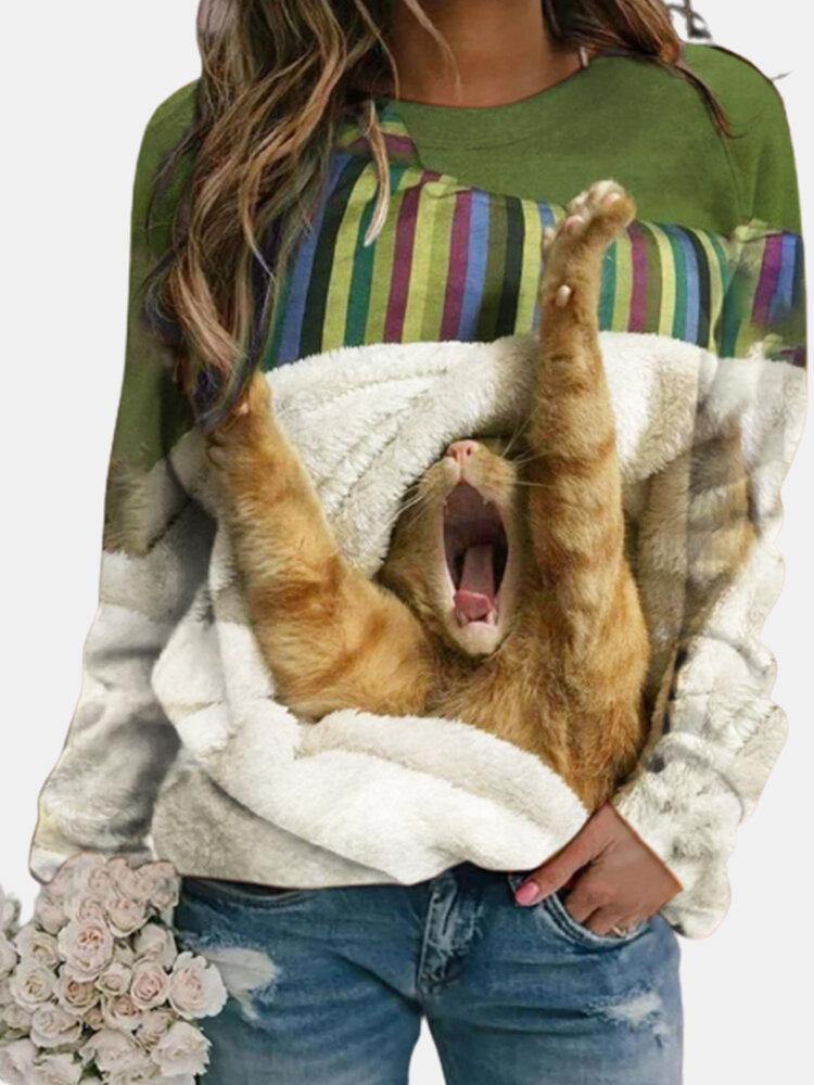 Women Cute Cat Printed Round Neck Casual Raglan Sleeve Pullover Sweatshirts - Trendha