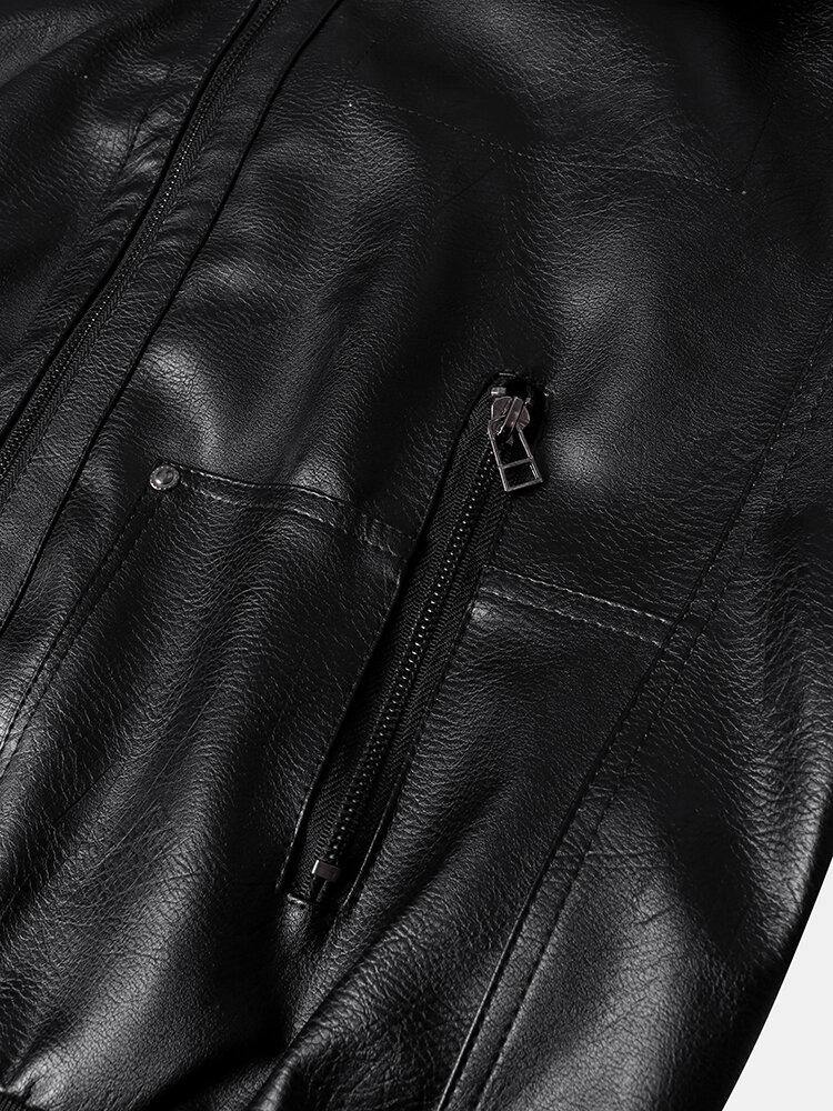 Mens Multi Pocket Zipper Hoodede Leather Motorcycle Jacket - Trendha