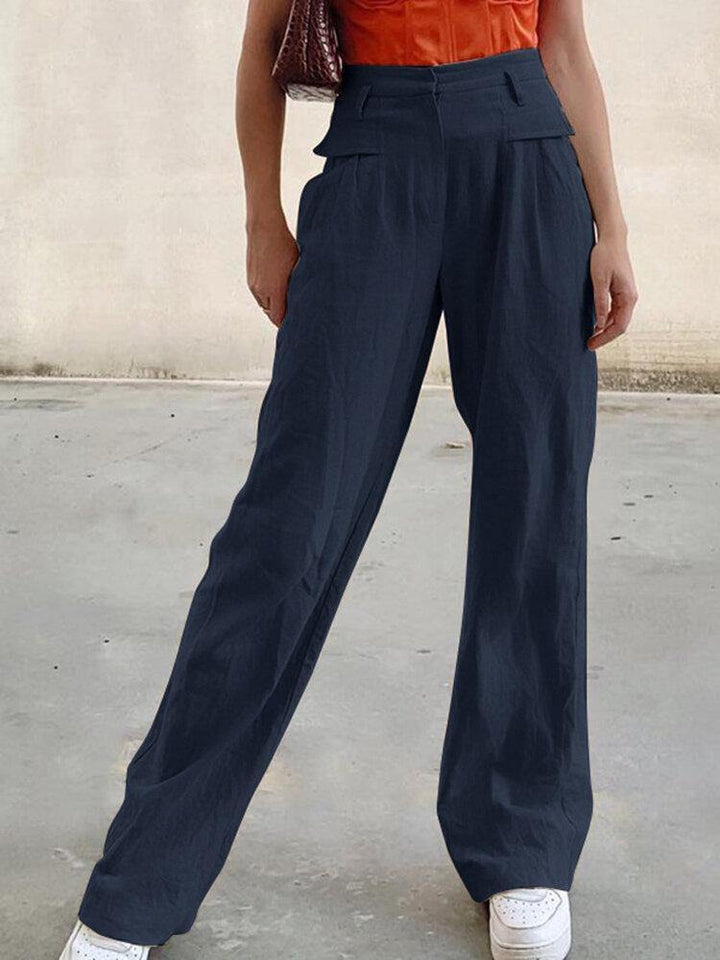 Women Zipper High Waist Wide Leg Pants Solid Color Casual Trousers With Pocket - Trendha