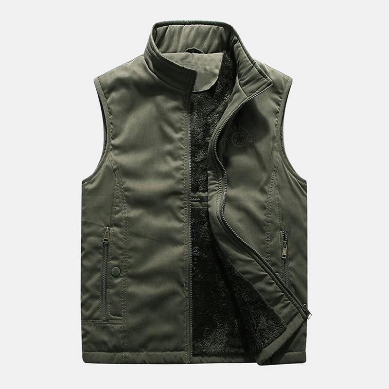 Mens Outdoor Zipper Solid Color Thickened Warm Fishing Vest - Trendha