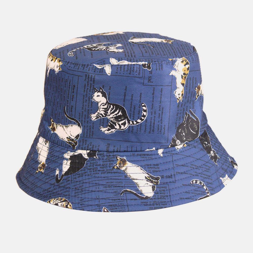 Women & Men Double-sided Cotton Cats And Letter Painting Soft All-match Travel Bucket Hat - Trendha