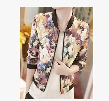 Jacket Trendy Wild Floral Zipper Stand Collar Long Sleeve Short Jacket Women - Trendha