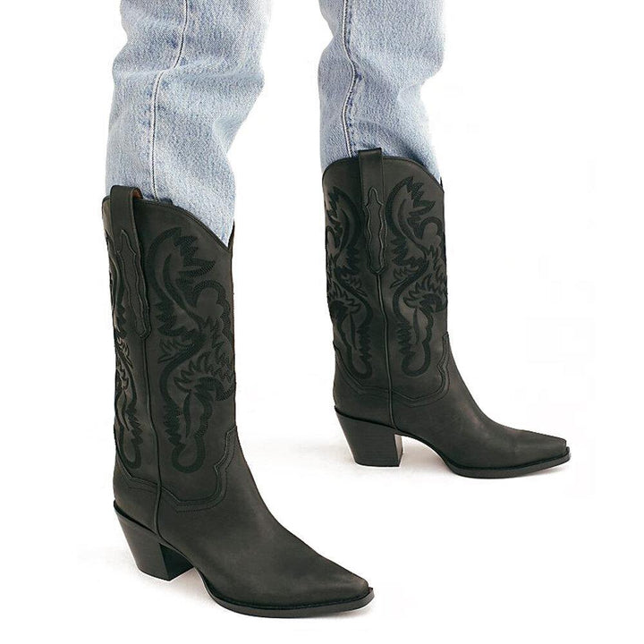 Plus Size Retro Women Floral Chunky Heel Mid-calf Cowboy Boots - Trendha
