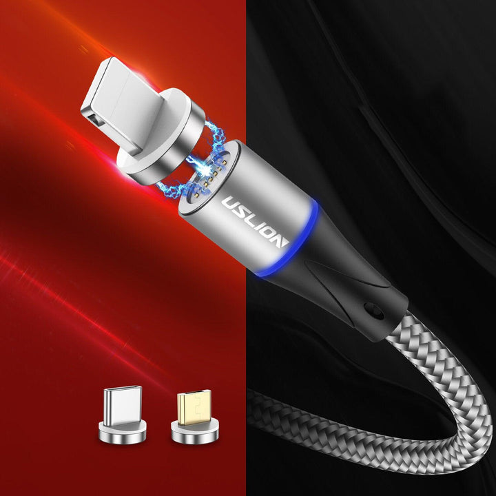 USLION 3A LED 360 Degree Rotate QC3.0 Magnetic Fast Charging Type-C Micro USB Data Cable 1M for Samsung S10+ S9 9T Note8 HUAWEI P30Pro - Trendha