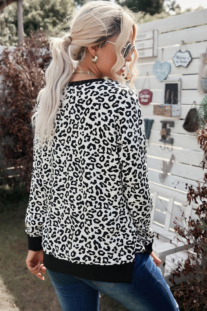 Leopard Contrast Trim Side Slit Sweatshirt - Trendha