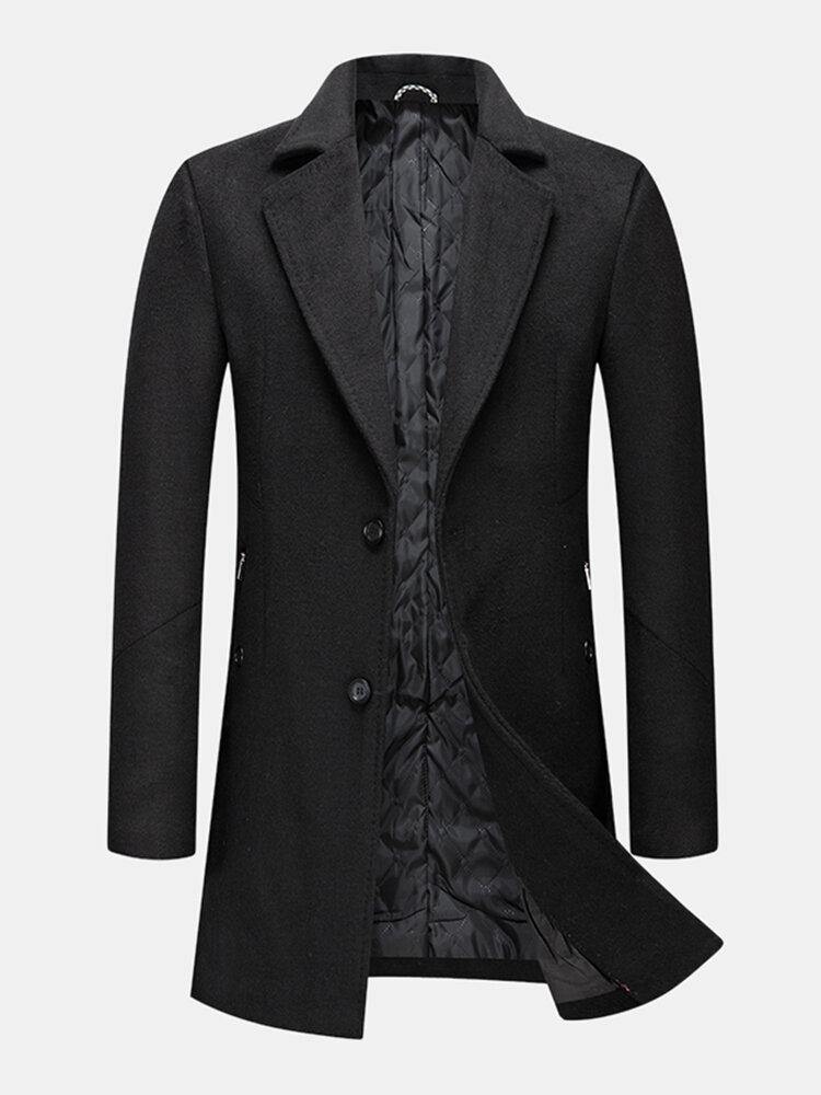 Mens Woolen Single-Breasted Lapel Pocket Mid-Length Warm Trench Coats - Trendha