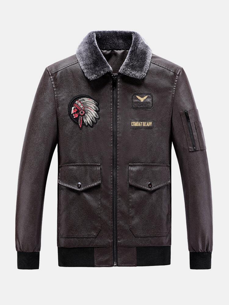 Mens Embroidered Faux Fur Collar PU Leather Bomber Jacket - Trendha