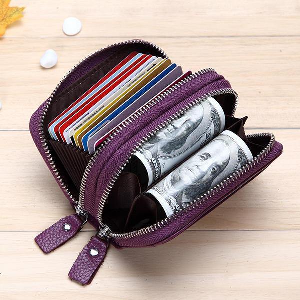 Genuine Leather RFID Double Zipper 11 Card Holder Coin Bag - Trendha