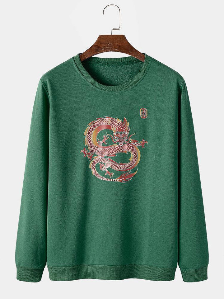 Mens Oriental Dragon Graphic Print Round Neck Pullover Cotton Sweatshirts - Trendha
