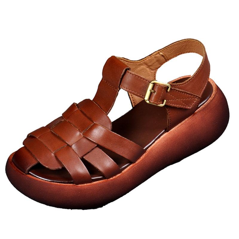 Leather Hollow Woven High Heel Platform Hollow Toe-toe Trifle Roman Sandals - Trendha