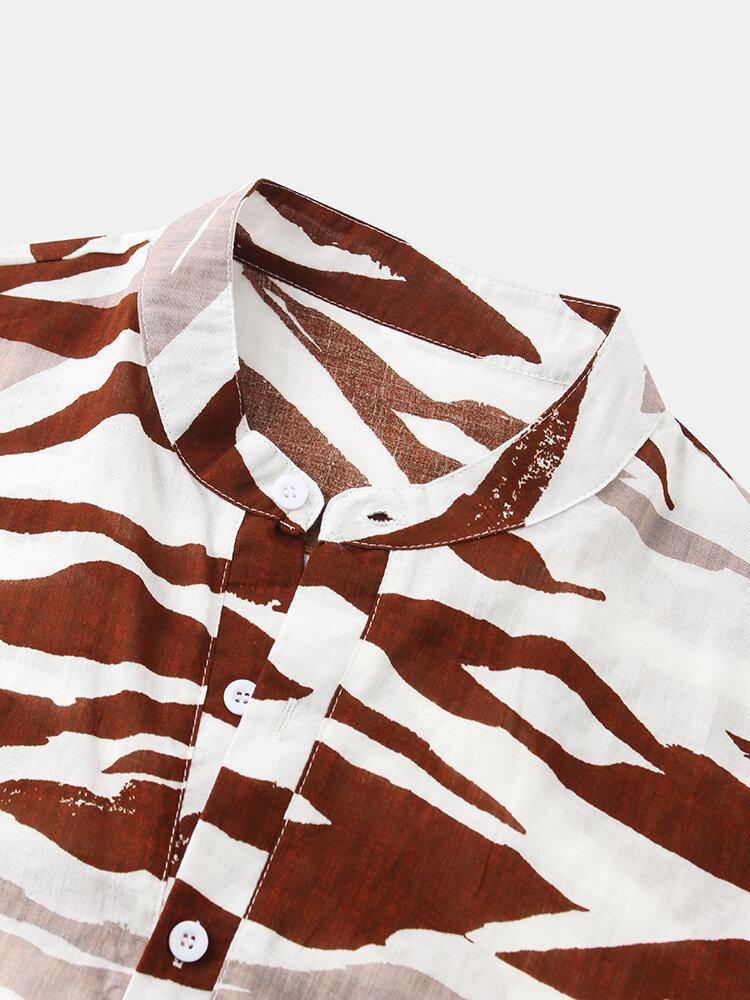 Mens Tiger pattern Print Henley Collar Short Sleeve Shirts - Trendha
