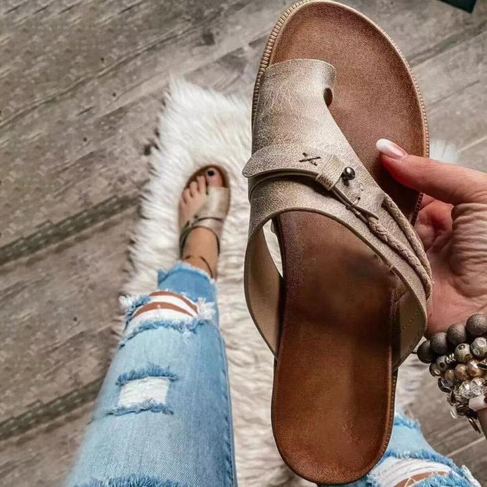 Women Vintage Rivet Woven Laces Solid Clip Toe Flat Casual Slippers - Trendha