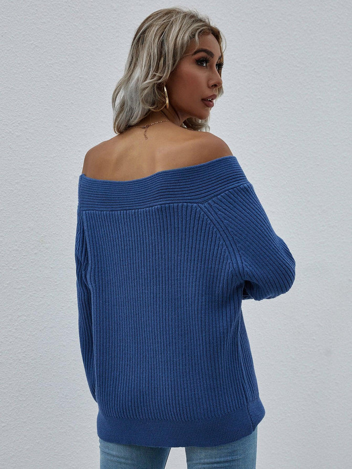 Off-Shoulder Rib-Knit Sweater - Trendha