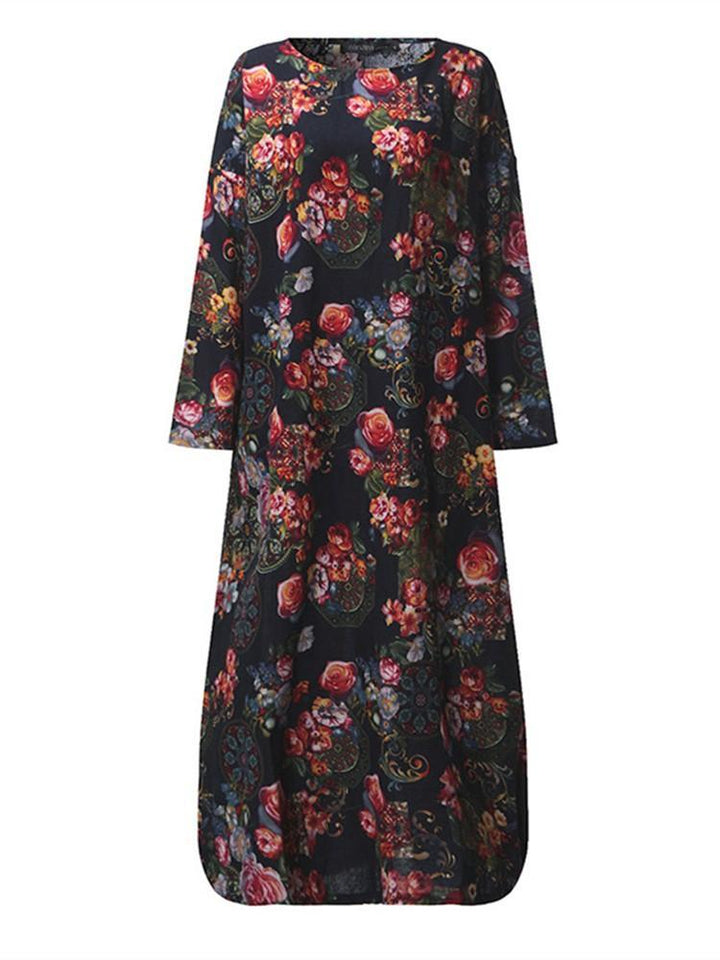 Vintage Long Sleeve Loose Baggy Kaftan Floral Maxi Dress - Trendha