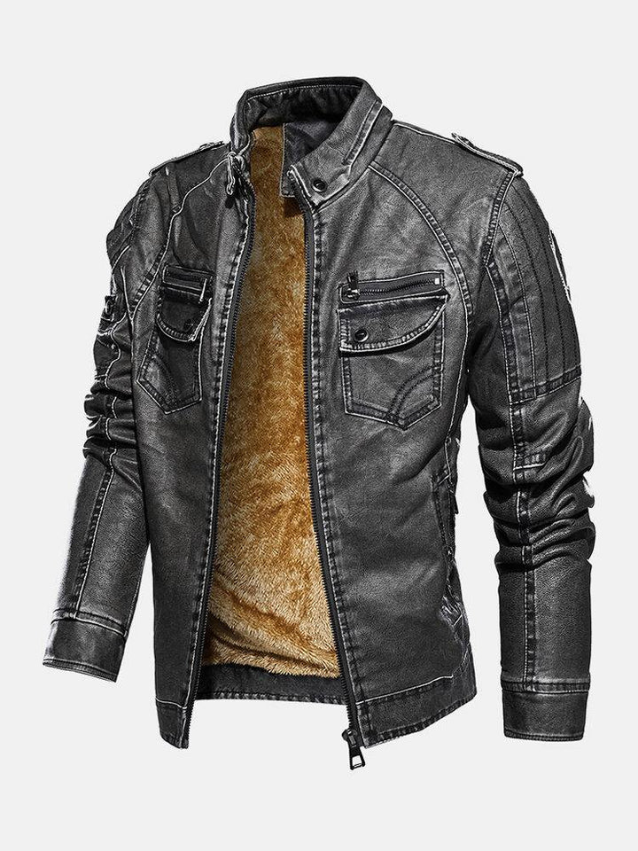 Mens PU Leather Zip-Up Lapel Motorcycle Jacket With Pocket - Trendha