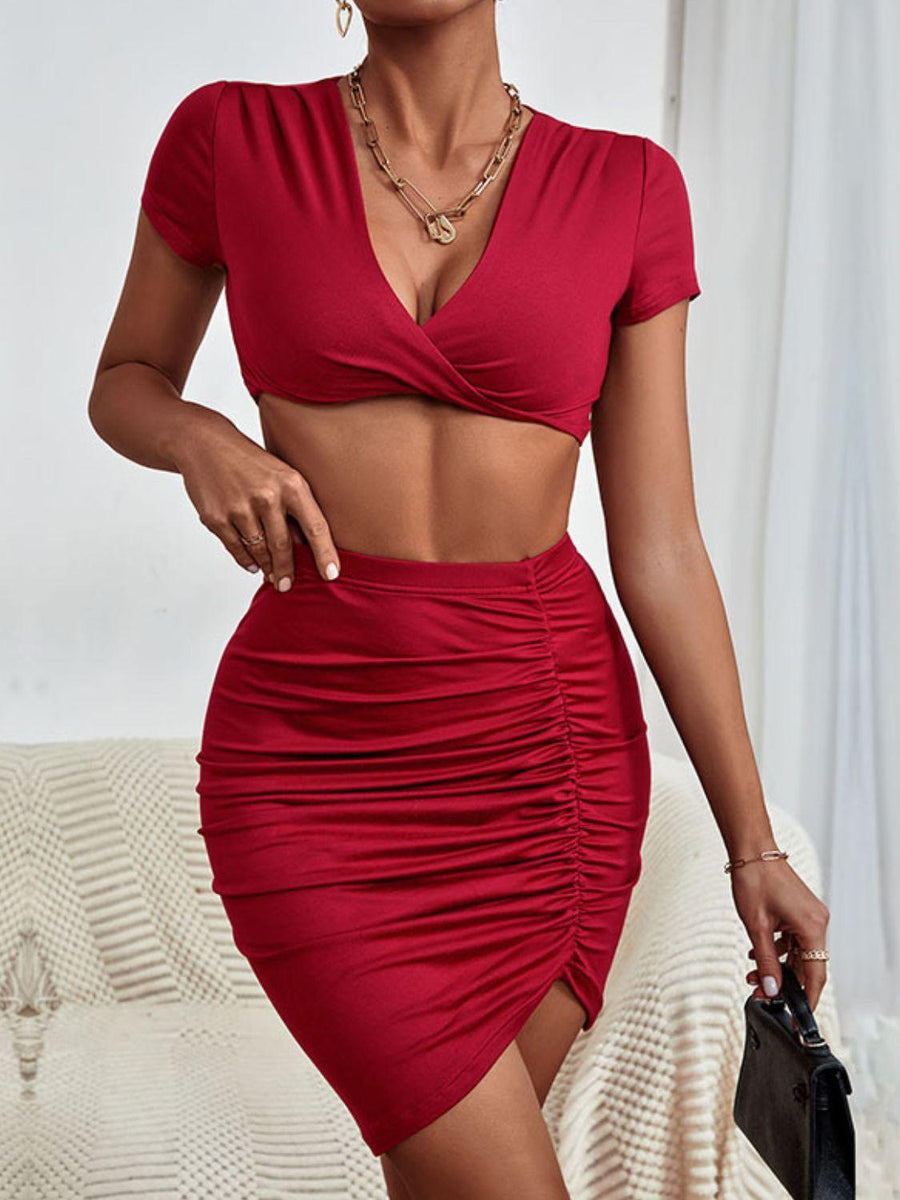 Twisted Deep V Cropped Top and Ruched Skirt Set - Trendha