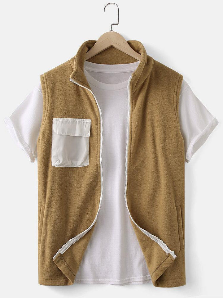 Mens Solid Color Zipper Sleeveless Casual Vest With Patchwork Pocket - Trendha