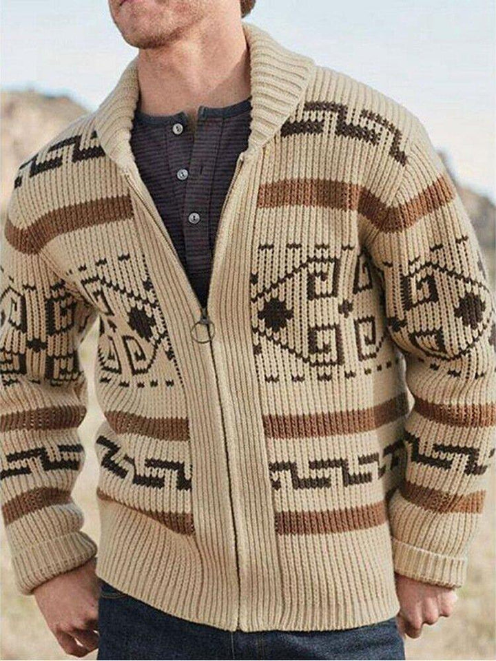 Mens Ethnic Print Zipper Knitted Casual Slim Fit Long Sleeve Cardigan Sweater - Trendha