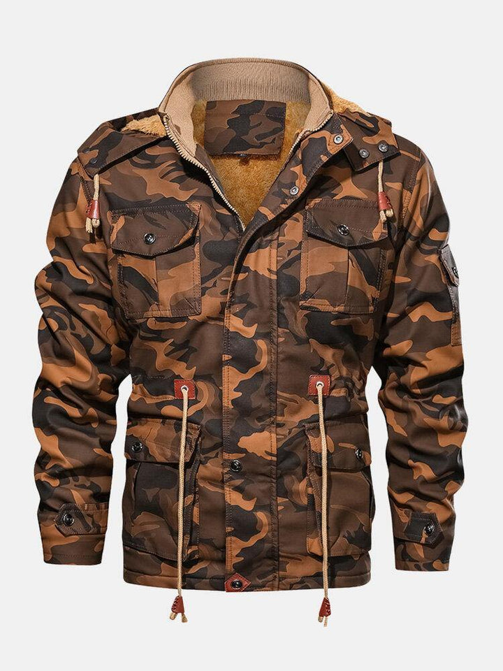 Mens Camouflage Drawstring Waist Hooded PU Leather Jacket - Trendha