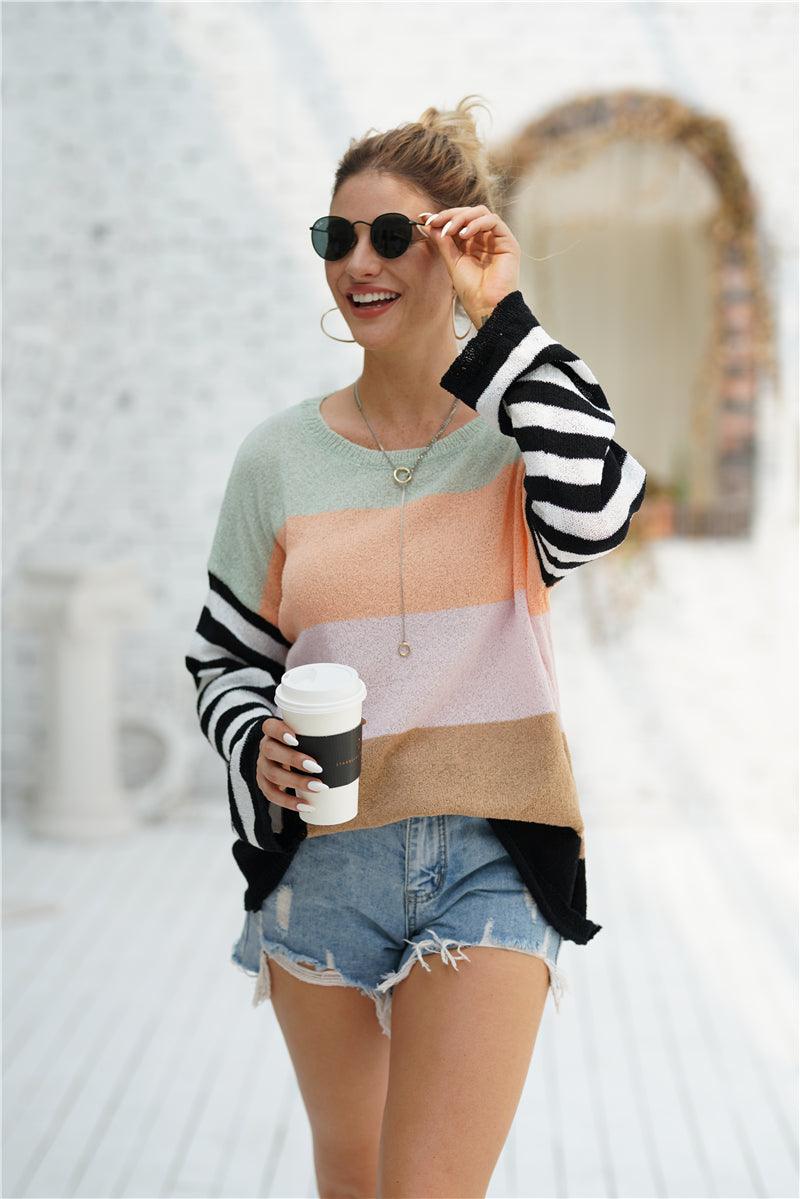Striped Ribbed Trim Bell Sleeve Sweater - Trendha