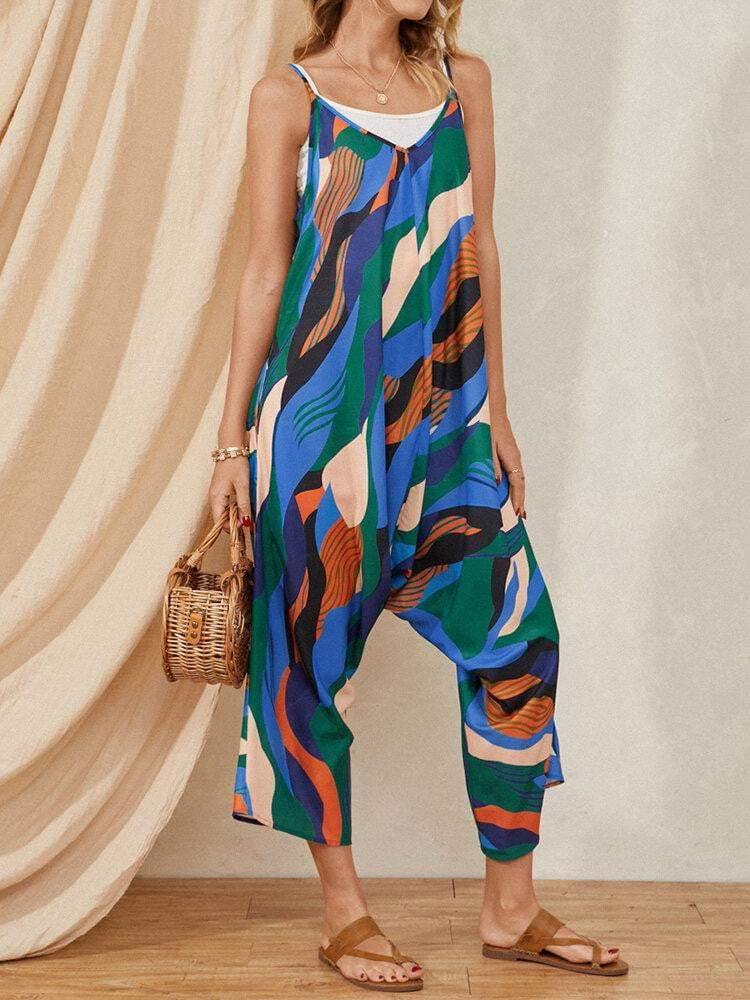 Multicolor Color Block Print Drawstring Pocket Strap Casual Jumpsuit - Trendha