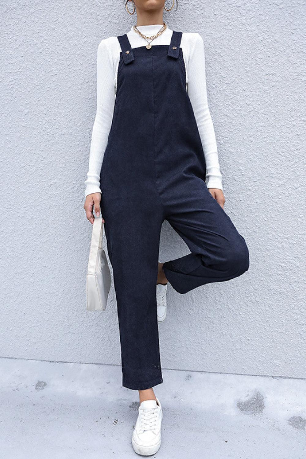 Button Detail Corduroy Overalls with Side Pockets - Trendha