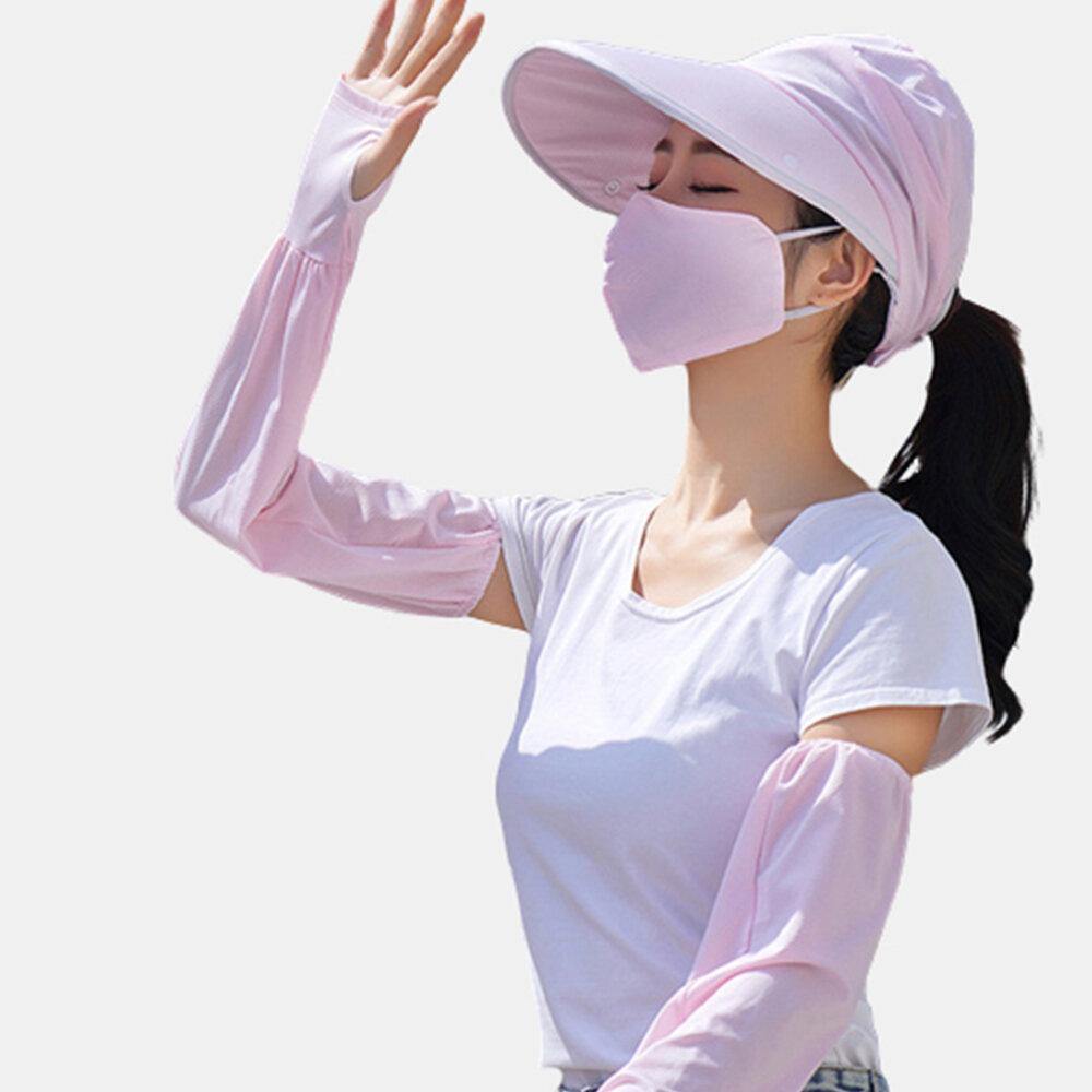 Women Four-pieces UV Protection Outdoor Ice Silk Sleeve Breathable Cover face Mask Sunscreen Hat With Anti-Glare Detachable Len - Trendha
