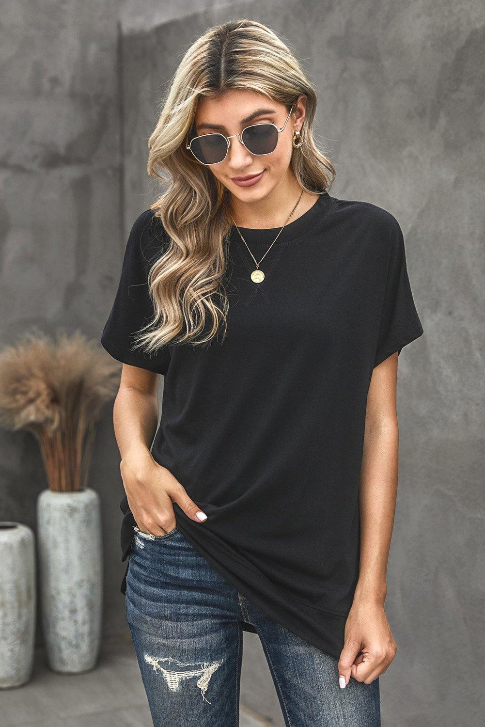 Round Neck Short Sleeve Solid Color Tee - Trendha