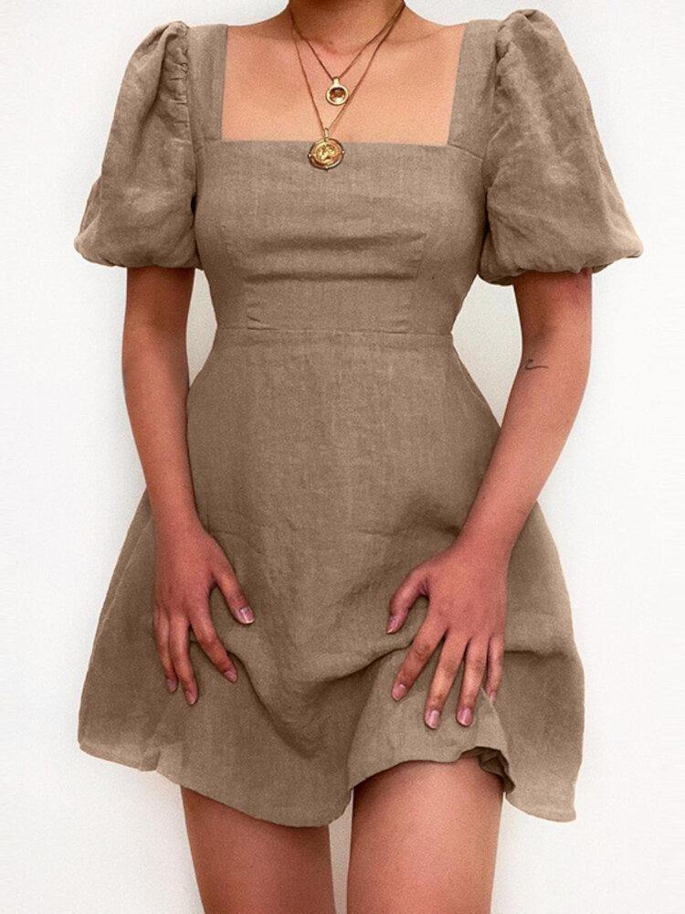 Casual Plain Square Neck Puff Sleeve A-line Mini Dress - Trendha