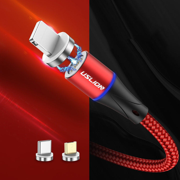 USLION 3A LED 360 Degree Rotate QC3.0 Magnetic Fast Charging Type-C Micro USB Data Cable 1M for Samsung S10+ S9 9T Note8 HUAWEI P30Pro - Trendha