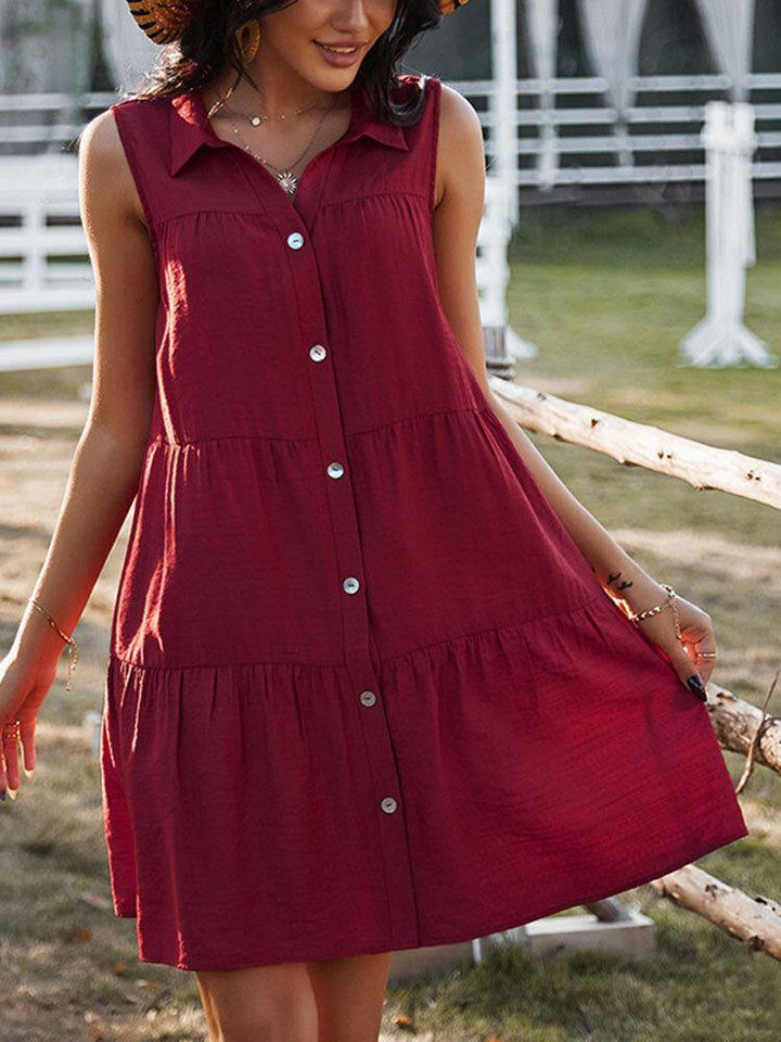 Solid Color Lapel Sleeveless Button Loose Casual Dress For Women - Trendha