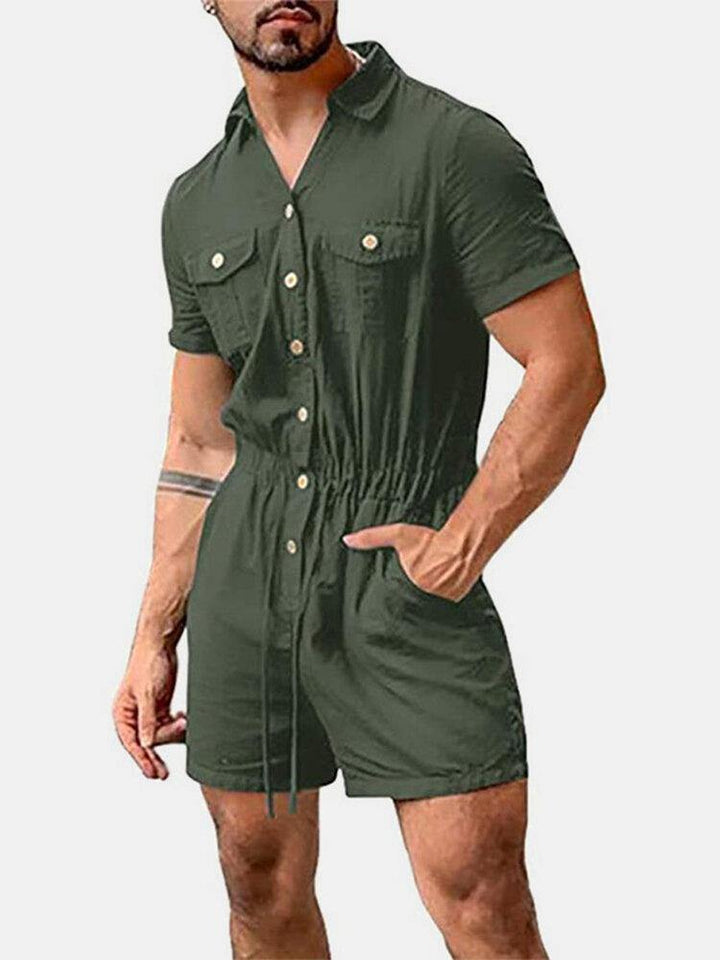 Mens Cotton Solid Color Multi Pocket Casual Short Sleeve Shorts Jumpsuits - Trendha