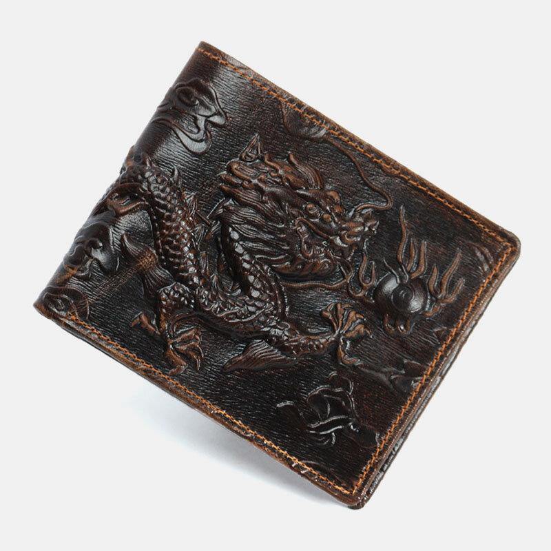 Men Genuine Leather 3D Dragon Pattern Retro Fashion Leather Card Holder Wallet - Trendha
