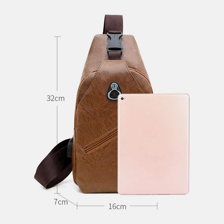 Men Faux Leather USB Charging Earphone Travel Retro Business Chest Bag Crossbody Bag - Trendha