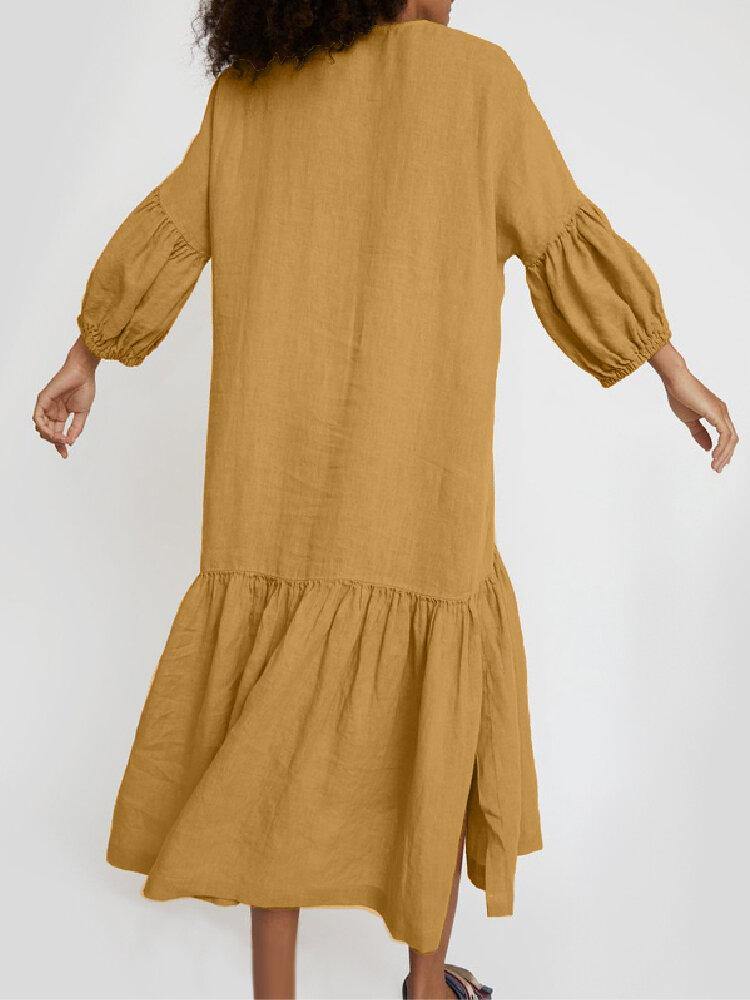 Women 100% Cotton V-Neck Puff Sleeve Stylish Solid Color Drop Shoulder Ruffle Hem Midi Dress - Trendha