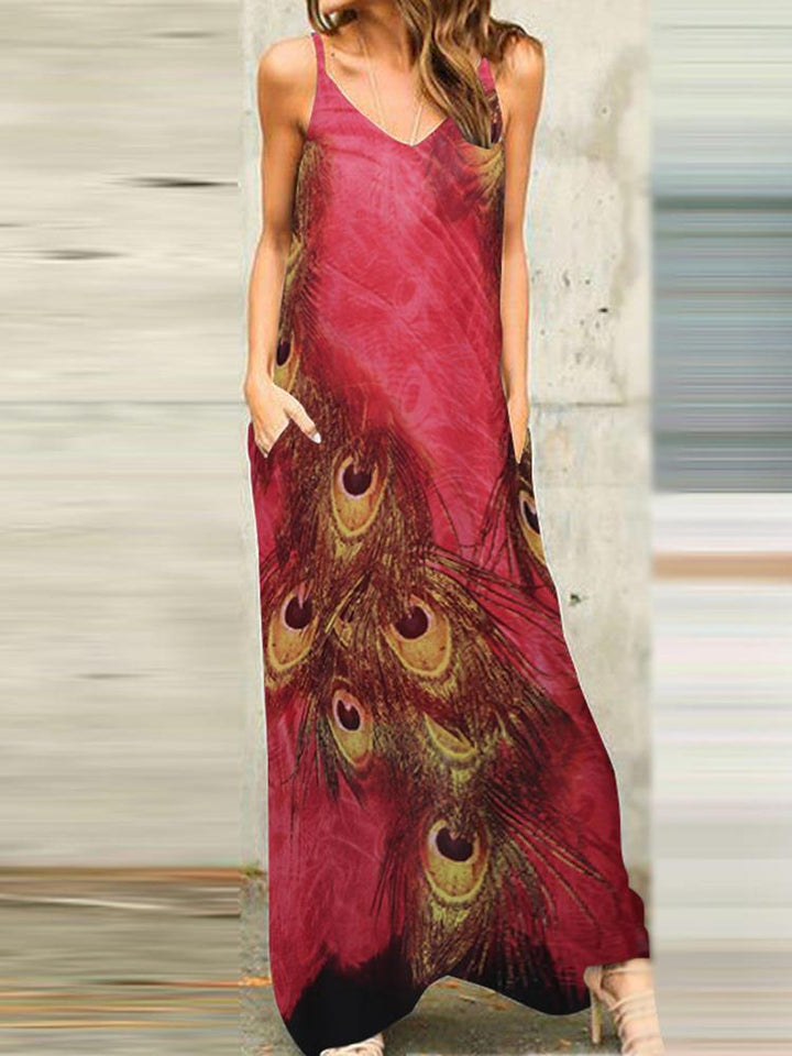 Women Casual V-Neck Print Sleeveless Strap Dress - Trendha