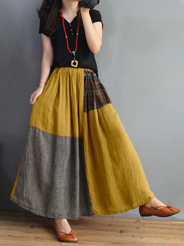 Women Plaid Patchwork Elastic Waist Swing Skirt With Pocket - Trendha