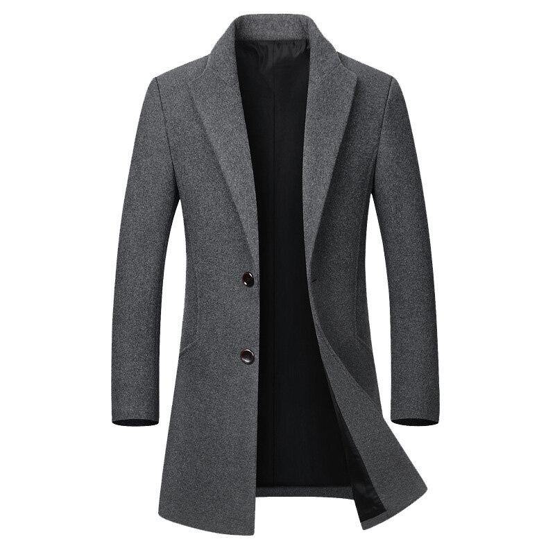 Mens Business Casual Woolen Trench Coat Mid-long Single Breasted Slim Fit Coat - Trendha